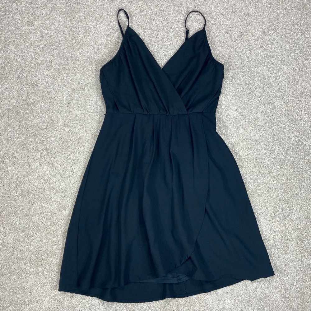 Contempo Casuals Faux Wrap Mini Dress Womens S Black Spaghetti Strap Beach Chic